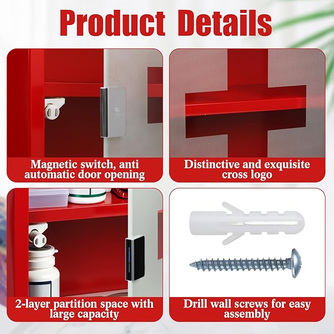 Timgle First Aid Wall Cabinet with Lock Medicine Wall Mounted Bathroom Storage Hanging Medical Cabinet with Safety Glass Door for Bathroom(2 Shelves,Red)
