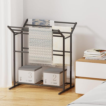 Free Standing Towel Rack for Bathroom, 40.3" Tall 6 Tier Quilt Rack Stand, Large Quilt Blanket Holder with Storage Shelves for Living Room Black Metal