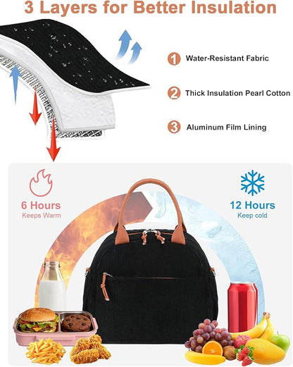 Bluboon Lunch Bag for Women Cute Corduroy Lunch Tote Bags with Shoulder Strap Reusable Insulated Lunch Box Large Capacity Reusable Insulated Cooler for Work Picnic or Travel (13L)