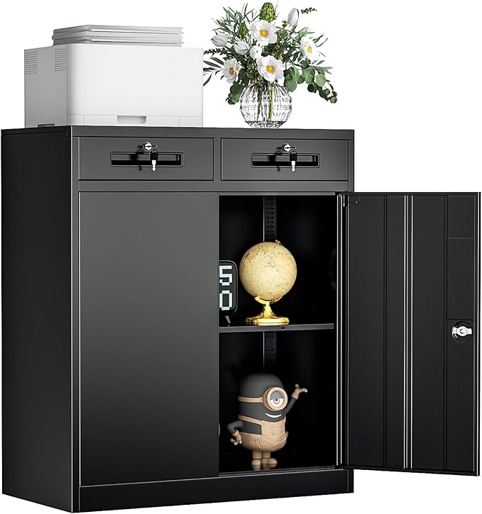 INTERGREAT Metal Storage Cabinet with 2 Drawers, 36" H Metal Cabinets with Doors and Shelves, Garage Cabinet with Lock for Home Office, Garage, School, Apartment,Warehouse,Black