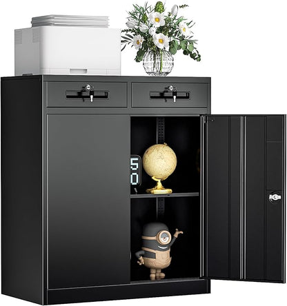 INTERGREAT Metal Storage Cabinet with 2 Drawers, 36" H Metal Cabinets with Doors and Shelves, Garage Cabinet with Lock for Home Office, Garage, School, Apartment,Warehouse,Black