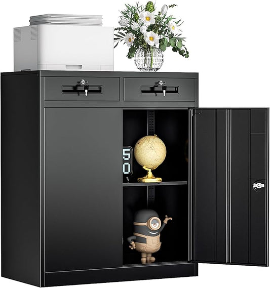 INTERGREAT Metal Storage Cabinet with 2 Drawers, 36" H Metal Cabinets with Doors and Shelves, Garage Cabinet with Lock for Home Office, Garage, School, Apartment,Warehouse,Black