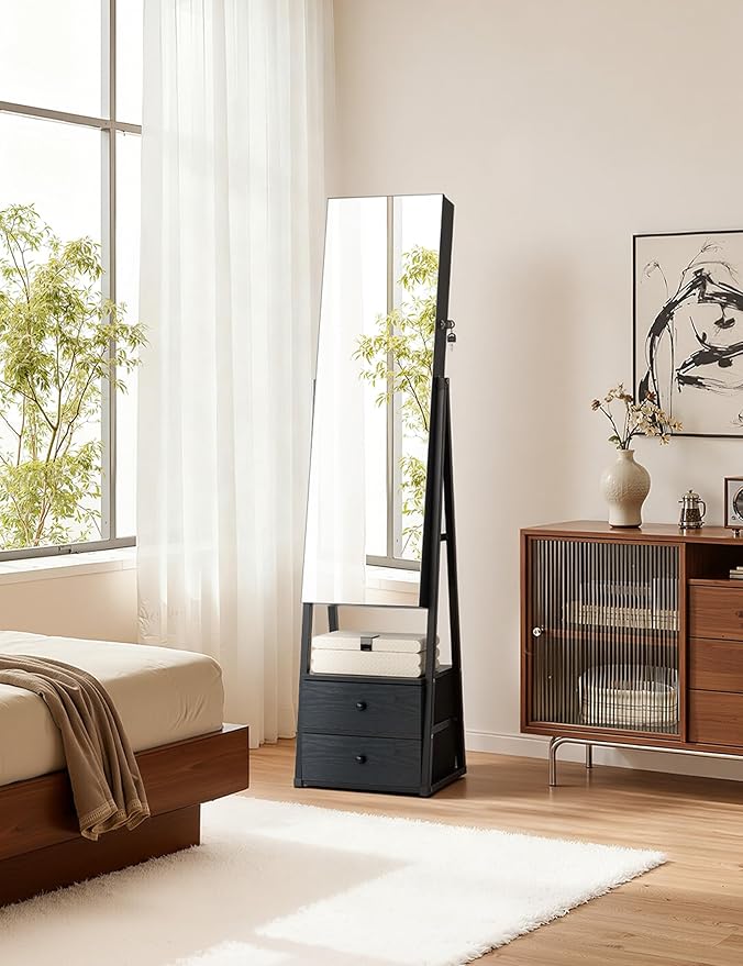 Nicetree Mirror Jewelry Cabinet Standing, Lockable Jewelry Cabinet Armoire with 2 Drawers, Full Length Mirror with Jewelry Storage, Christmas Gifts, Black