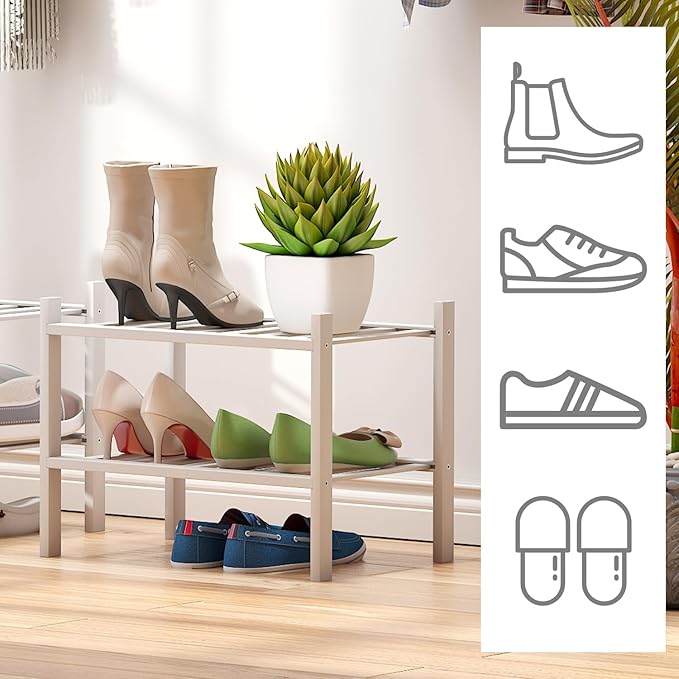 White Small Shoe Rack for Entryway,2-Tier Bamboo Shoe Organizer for Hallway Closet, Free Standing Shoe Racks for Indoor Outdoor