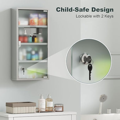 HOMCOM Wall Mounted Medicine Cabinet, Locking Wall Cabinet with 4 Tier Shelves, Stainless Steel Frame and Glass Door, Lockable with 2 Keys, Silver, 12" x 24"