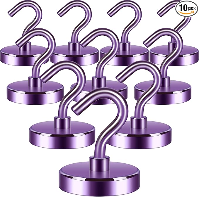 Neosmuk Magnetic Hooks, Heavy Duty 130lb+ Strong Magnet Hook for Cruise Cabins, Cruise Ship Essentials for Hanging, Metal Wall Refrigerator Hangers (Purple, 10 Pack)