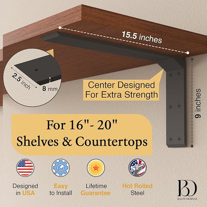Countertop Brackets 16 –20 Inch Heavy Duty L Bracket – 15.5"x2.5"x9" (5/16" Thick / 8mm) Black Mantel Brackets & Corbels for Granite & Wood Shelves – Floating countertop Support Bracket (Set of 2)