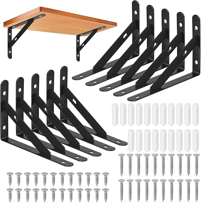 10 Pack - 6 Inch Heavy Duty Shelf Brackets, Wall Mount L Shelf Bracket, 90 Degree Black Metal Brackets for Floating Shelves with Screws, Powder-Coated Steel(3.7 x 6 inch)