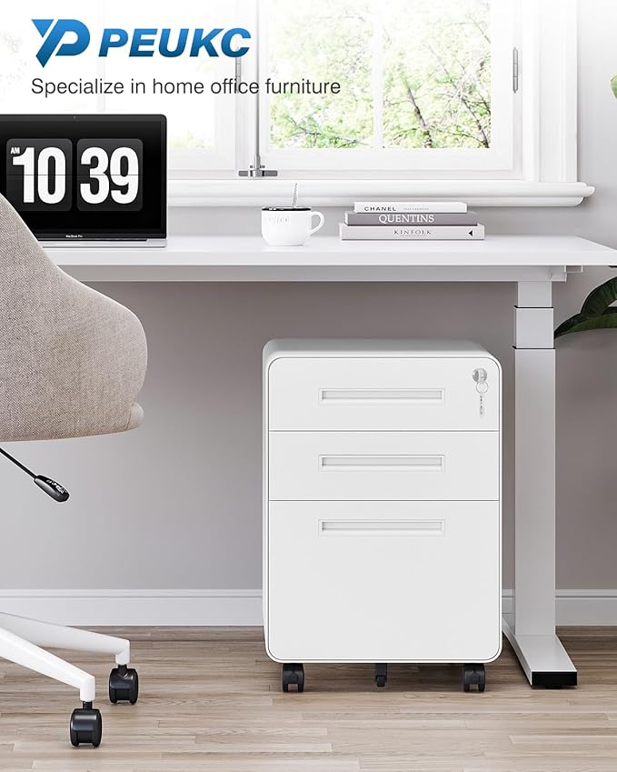 3 Drawer File Cabinet with Lock, Metal Under Desk Rolling Filing Cabinet fits Letter/Legal/A4 Size for Home Office,(Fully Assembled, White)