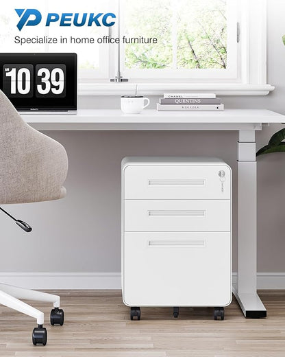 3 Drawer File Cabinet with Lock, Metal Under Desk Rolling Filing Cabinet fits Letter/Legal/A4 Size for Home Office,(Fully Assembled, White)