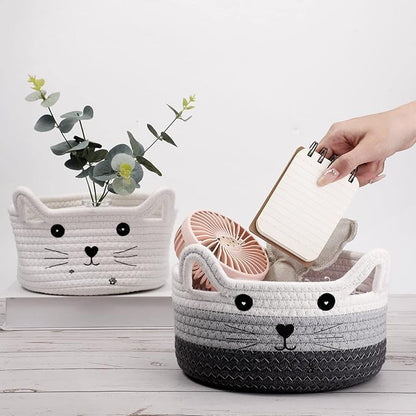 Zopeal Cat Basket Storage Woven Organizer with Ears Easter Decorative Gift Pet Toy Cute Cotton Rope Basket for Gift Cat Dog Toy Bin Nursery Room(8.3 x 4.7 Inch,White, Light Gray and Gray)
