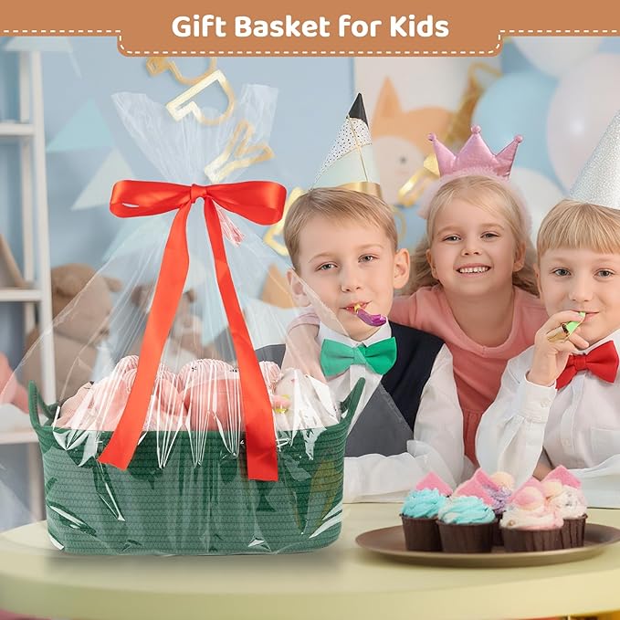 Large Empty Gift Baskets for Baby Shower, 16.5" L x 12.6" W x 7" H Cute Woven Storage Basket with Gift Bags and Ribbons, Small Rope Toy Basket with Handles, Cat Dog Pet Toy Organizer - Green