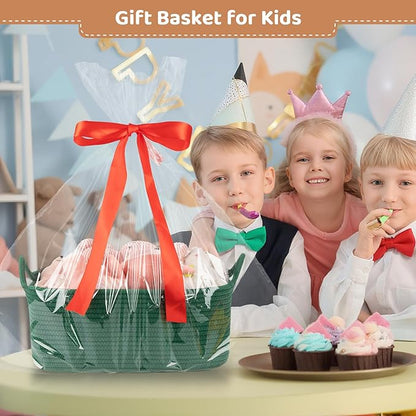 Large Empty Gift Baskets for Baby Shower, 16.5" L x 12.6" W x 7" H Cute Woven Storage Basket with Gift Bags and Ribbons, Small Rope Toy Basket with Handles, Cat Dog Pet Toy Organizer - Green