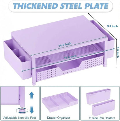 OPNICE Desk Organizers and Accessories, 2-Tier Computer Monitor Stand Riser with Drawer and 2 Pen Holders, Laptop Stand, Office Desk Accessories for Office Supplies, Purple