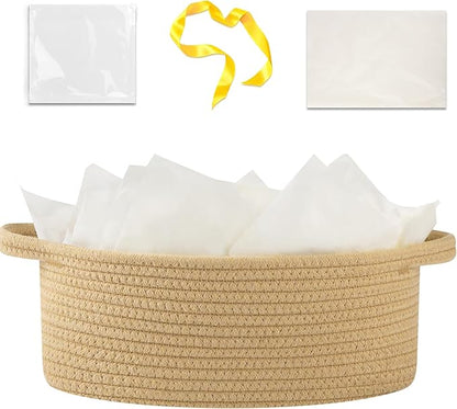 OIAHOMY Gift Basket with Handle, Small Woven Basket with Gift Bag, Ribbon and Wrap Tissue Paper, Nursery Bins Empty to Fill with Small Items, Baby, Pet Toy Organizer - Yellow