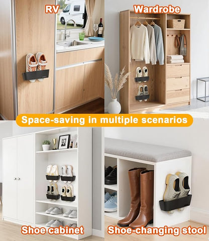 4PCS Wall Mounted Shoe Rack with Sticky Hanging Strips, No Drilling Wall Shoe Rack, Space Saving Shoe Stand, Hanging Shoe Organizer for Wall/RV/Door/Camper - Black