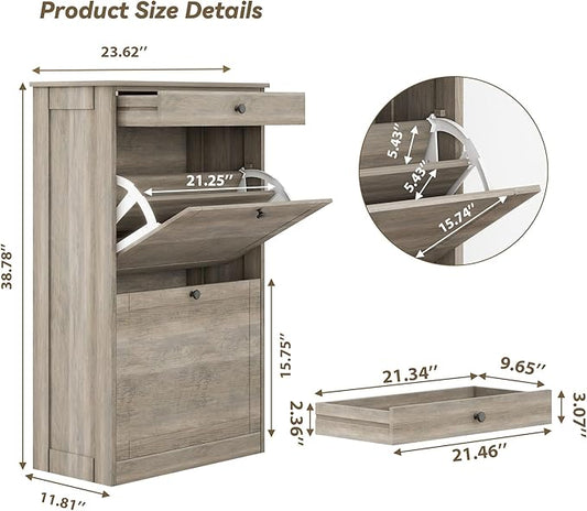 Shoe Cabinet with 2 Flip Drawers, Narrow Freestanding Shoe Storage Organizer, Slim Wooden Hidden Shoe Rack for Front Door Entrance, Closet, Hallway, Living Room, Rustic Gray