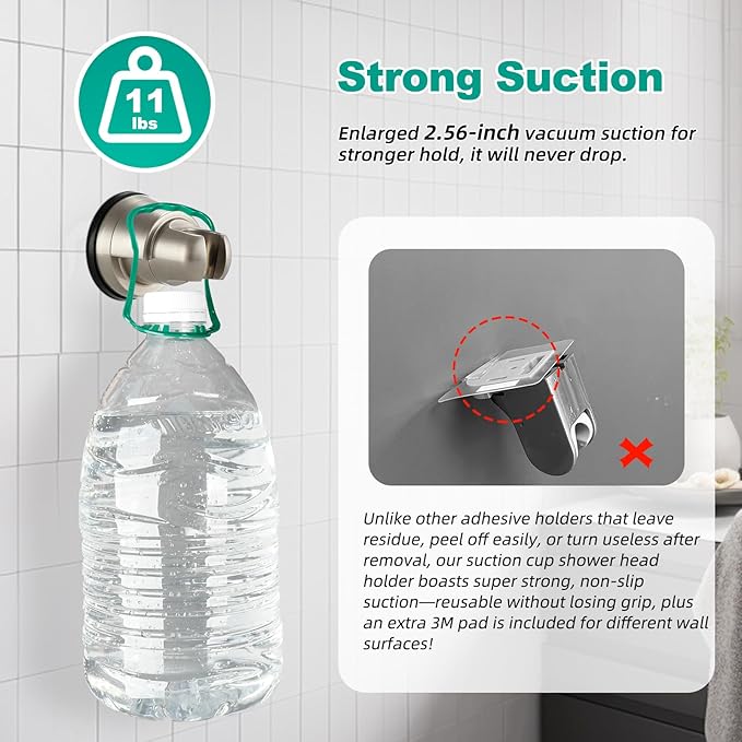 2 Pack Vacuum Suction Cup Shower Head Holder, Removable Shower Head Bracket, Height Adjustable Wall Mount ABS Plastic Suction Holder for Handheld Showerhead, Brushed Nickel