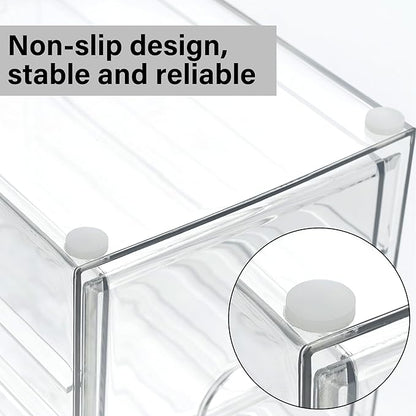 Prsildan Acrylic Drawer Makeup Organizer with 4 Drawers, Set of 2 Office Desk Organizers Accessories, Clear Stackable Storage Drawers for Vanity, Countertop, Craft, Jewelry, Art Supply Organization