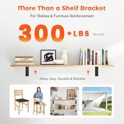 WINKER Shelf Bracket 8 Pack 12" Lx8 Hx1.5 W 5mm Thick Heavy Duty Black 12 Inch Metal Iron L Brackets for Wall Shelves