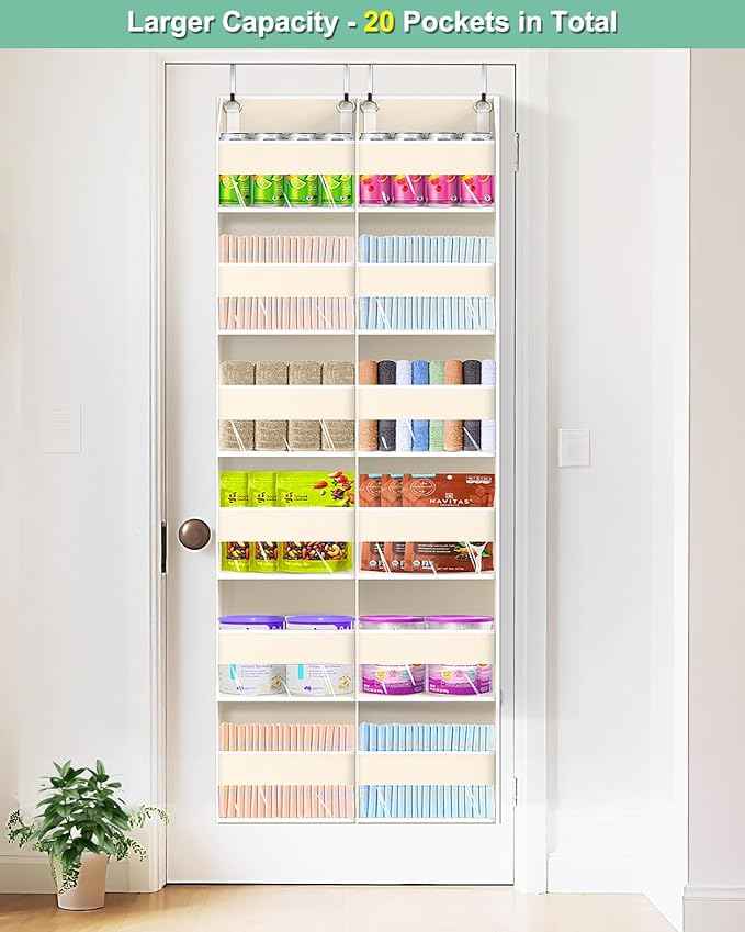 Heavy Duty Over The Door Organizer 6 Tiers, Extra Large Behind Door Storage of 12 Big Front & 12 Mesh Pockets, 80lb Weight Capacity, Hanging Doors Storage Organizer for Closet Bedroom Nursery, Beige