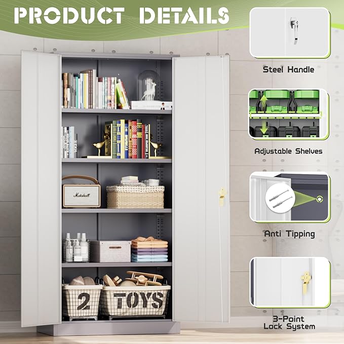 Oakcloud Metal Storage Cabinet Tool Organizer, 72" Lockable Garage Storage Tool Cabinets with 2 Doors and 4 Adjustable Shelves, Locking File Cabinet for Office, Home, School (72“ Standard-GreyWhite)