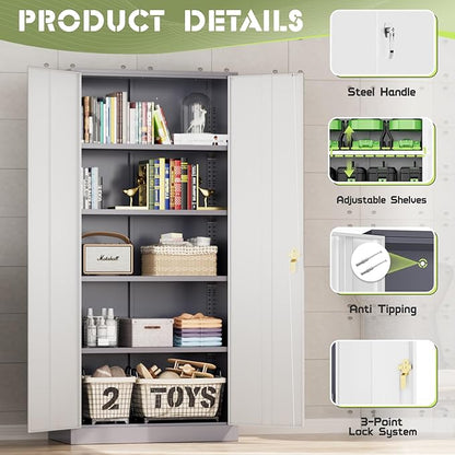 Oakcloud Metal Storage Cabinet Tool Organizer, 72" Lockable Garage Storage Tool Cabinets with 2 Doors and 4 Adjustable Shelves, Locking File Cabinet for Office, Home, School (72“ Standard-GreyWhite)