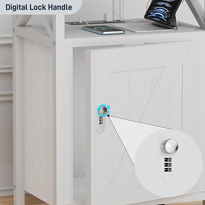Wooden Nightstand with Lock, Bed Side Table with Drawers, Bedside Table with Charging Station, 3 USB & 2 Outlets, Night Stand with Storage, End Tables for Bedroom, Dorm, White