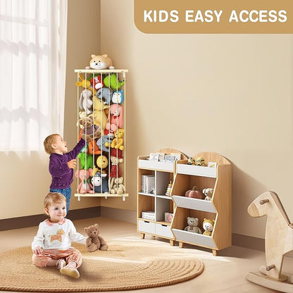 Stuffed Animal Storage Shelf Organizer(Patented) - Corner Stuffed Animal Holder Length Adjustable - Wall Plush Storage for Nursery Playroom Bedroom Kids Room (Beige, Standard)