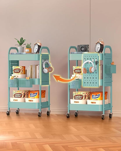 ALVOROG 3 Tier Rolling Cart with DIY Pegboards Metal Utility Cart with Wheels Handles Baskets Hooks, Craft Cart for Office Kitchen Bathroom(Tiffany Blue)