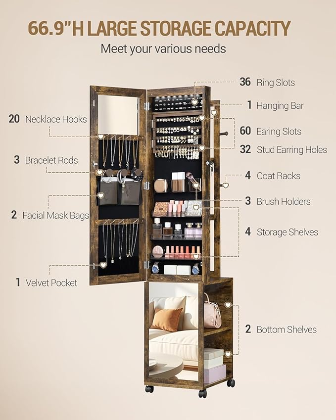 8 LEDs Jewelry Cabinet Armoire, 66.9-inch Jewelry Organizer with Garment Rack, Lockable Full-length Mirror with 4 Wheels, Storage Shelves with Hooks, 5-in-1, Toasted Oak JC17007B