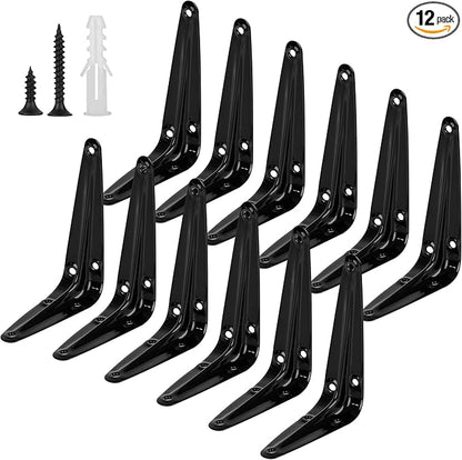 12Pack Shelf Brackets Heavy Duty Black Metal Floating Shelves Bracket 4 x 3 Inch Rustic Farmhouse Decorative Iron L Bracket J Brackets Wall Joint Angel Corner Brace for Wood Shelves Hanging with Screw