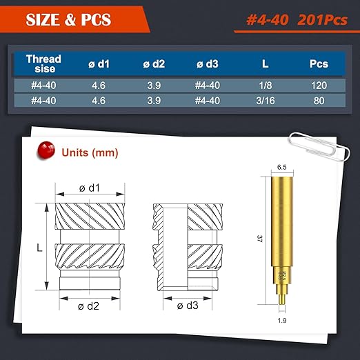 201Pcs #4-40 Threaded Inserts, Female Thread SAE Knurled Nuts Assortment Kit, Brass Heat Set Insert for Plastic and 3D Printing Components
