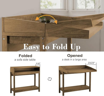 Foldable 38" Console Table with Charging Station & Storage, Side Table with Charging, Entryway Table with Anti-Tip Design,Rustic,Rustic Brown