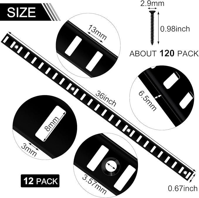 12 Pcs 36 Inch Pilaster Shelf Brackets and 72 Pcs Shelf Clips Adjustable Shelf Pilaster Standards Metal Mortise Mount Pilaster Shelf Track for Wall Shelving System Closet Organization Storage (Black)