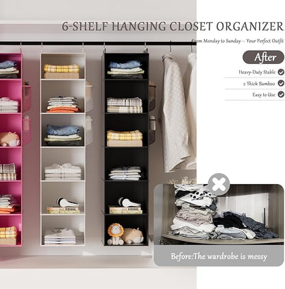 VERONLY Hanging Closet Organizer and Storage with Bamboo Support, 6-Shelf Closet Hanging Storage Shelves, Closet Organizers Easy Mount Foldable for Bedroom(Black)