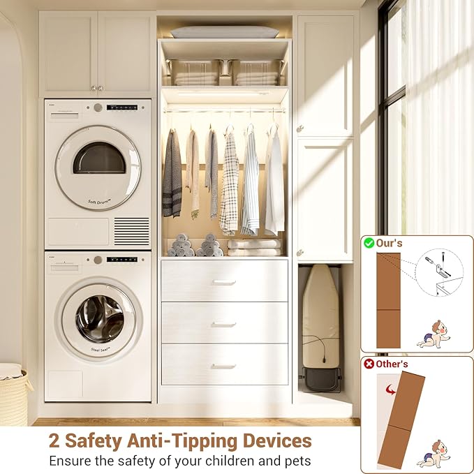 4FT Closet System with 2 Motion Sensor Lights, 48" Closet Organizer with 6 Drawers, Closet Systems with 2 Hanging Rods & 2 Shelves, Heavy Duty 48 Inch Walk-in Closets, White