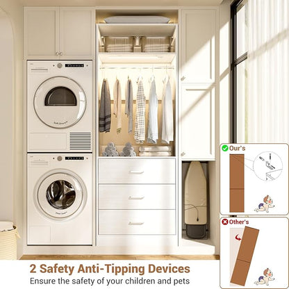 2FT Closet System with 3CCT Sensor Light, 24" Closet Organizer with 3 Wooden Drawers, Closet Systems with Hanging Rod & Top Storage, Small Closets Wardrobe for Walk-in Closets, White