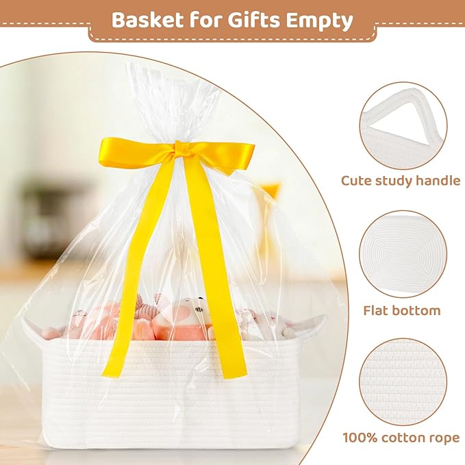 Large Empty Gift Baskets for Baby Shower, 16.5" L x 12.6" W x 7" H Cute Woven Storage Basket with Gift Bags and Ribbons, Small Rope Toy Basket with Handles, Cat Dog Pet Toy Organizer - White