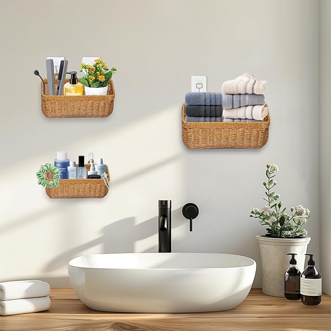 3 Pack Woven Storage Basket, Organizer Trays, Paper Box, Vintage Bin for Bathroom, Kitchen, Vanity Countertop Table Shelf, Vegetable & Fruit Storage Boxes, Potato Onion Basket (Yellow, 3 pc (set))