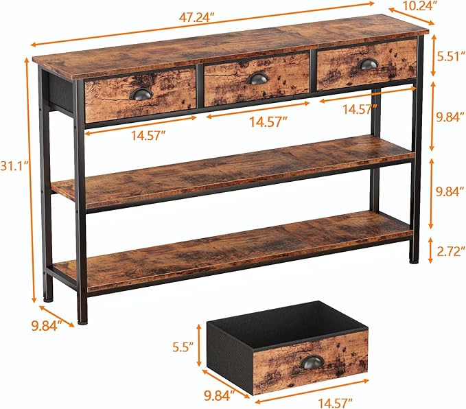 Furologee Long 47" Console Sofa Table with 3 Drawers, Entryway Table with 3-Tier Storage Shelves, Industrial Display Shelf for Entry Way, Hallway, Couch, Living Room, Kitchen, Foyer, Rustic Brown