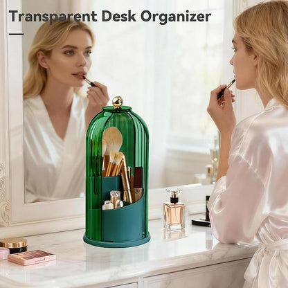 360° Rotating Makeup Brush Holder with Lid, Waterproof Three-Compartment Makeup Organizer, 180° Side-Pull Door Desk Organizer, Dustproof Brush Holder for Vanity and Bathroom (Green)