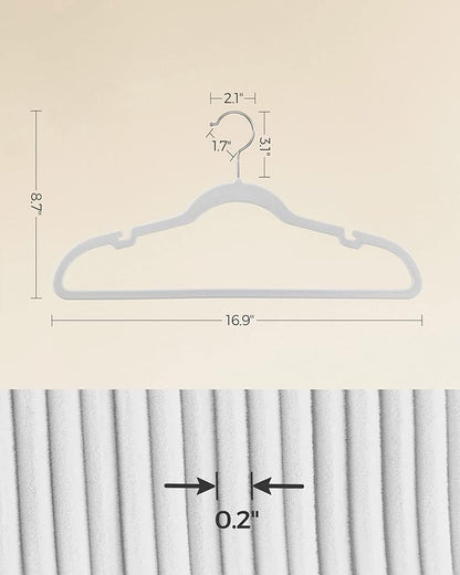 SONGMICS Velvet Hangers 100 Pack, Non-Slip Clothes Hangers with Shoulder Notches, Pants Bar, 360° Swivel Hook, Space-Saving, for Closet, Cloud White UCRF029W010