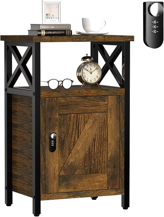 Night Stand with Locking Drawer, Bedside Table with Drawers, Wooden Bed Side Table with Storage Cabinet, Nightstand with Door, End Night Table for Bedroom, Dorm, Office, Rustic Brown
