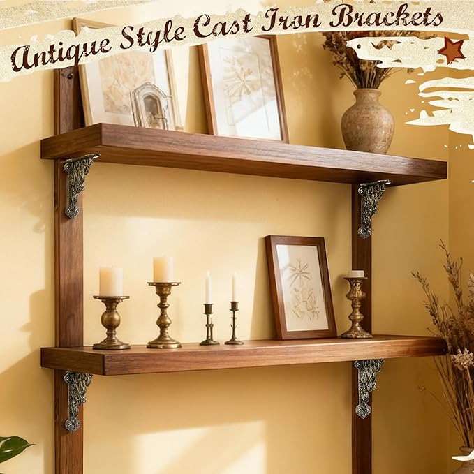 Blulu 4 Pack Antique Style Cast Iron Shelf Brackets Decorative Brackets 3 7/8" x 3 7/8" Wall Mount Shelving Bracket Heavy Duty Victorian Style Shelf(Antique Brass)