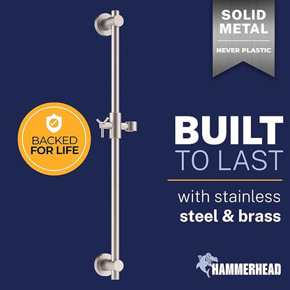 HammerHead Showers® Solid Metal 27.5 Inch Shower Slide Bar for Hand Held Shower Heads, Brushed Nickel | Adjustable Height Showerhead with Hose Rail System | Easily Adjust Height & Angle of Handshower