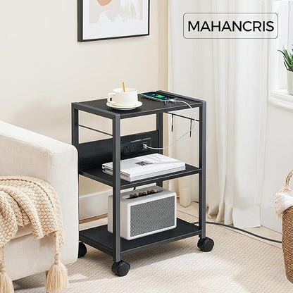 Industrial Printer Cart, 3-Tier Mobile Printer Stand, Rolling Cart with Power Outlets and USB Ports, Home Printer Stand with 2 Hooks, for Office, Living Room, Black PTHB40E01