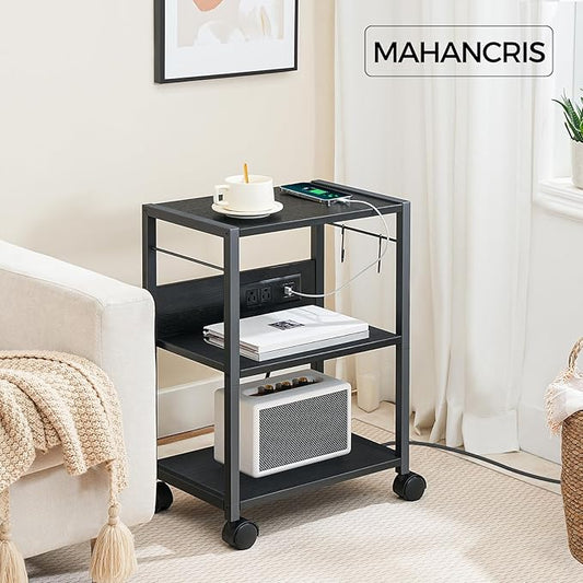 Industrial Printer Cart, 3-Tier Mobile Printer Stand, Rolling Cart with Power Outlets and USB Ports, Home Printer Stand with 2 Hooks, for Office, Living Room, Black PTHB40E01