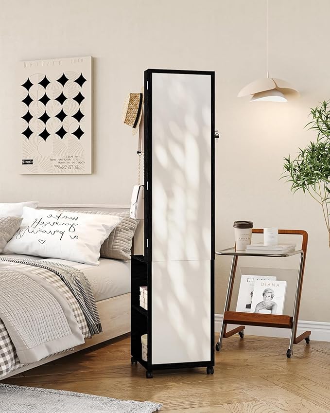 8 LEDs Jewelry Cabinet Armoire, 66.9-inch Jewelry Organizer with Garment Rack, Lockable Full-length Mirror with 4 Wheels, Storage Shelves with Hooks, 5-in-1, Black JC17004B