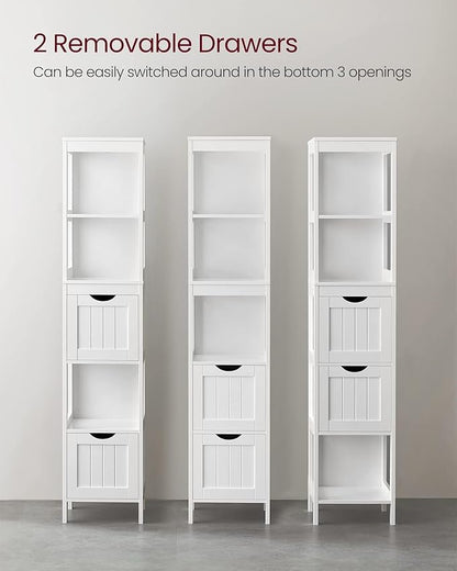 VASAGLE Bathroom Floor Cabinet, Bathroom Storage Organizer Rack Stand, Multifunctional Corner Unit, 2 Drawers, 55.7 Inches in Height, White UBBC066WH01S